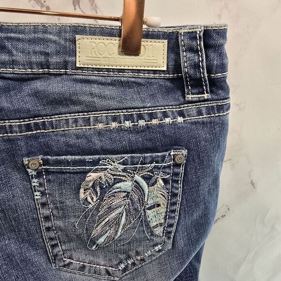 Rock & Roll Denim Jeans Women 28 X 36 Riva Low Rise Bootcut Feather Embroidered - Picture 1 of 12